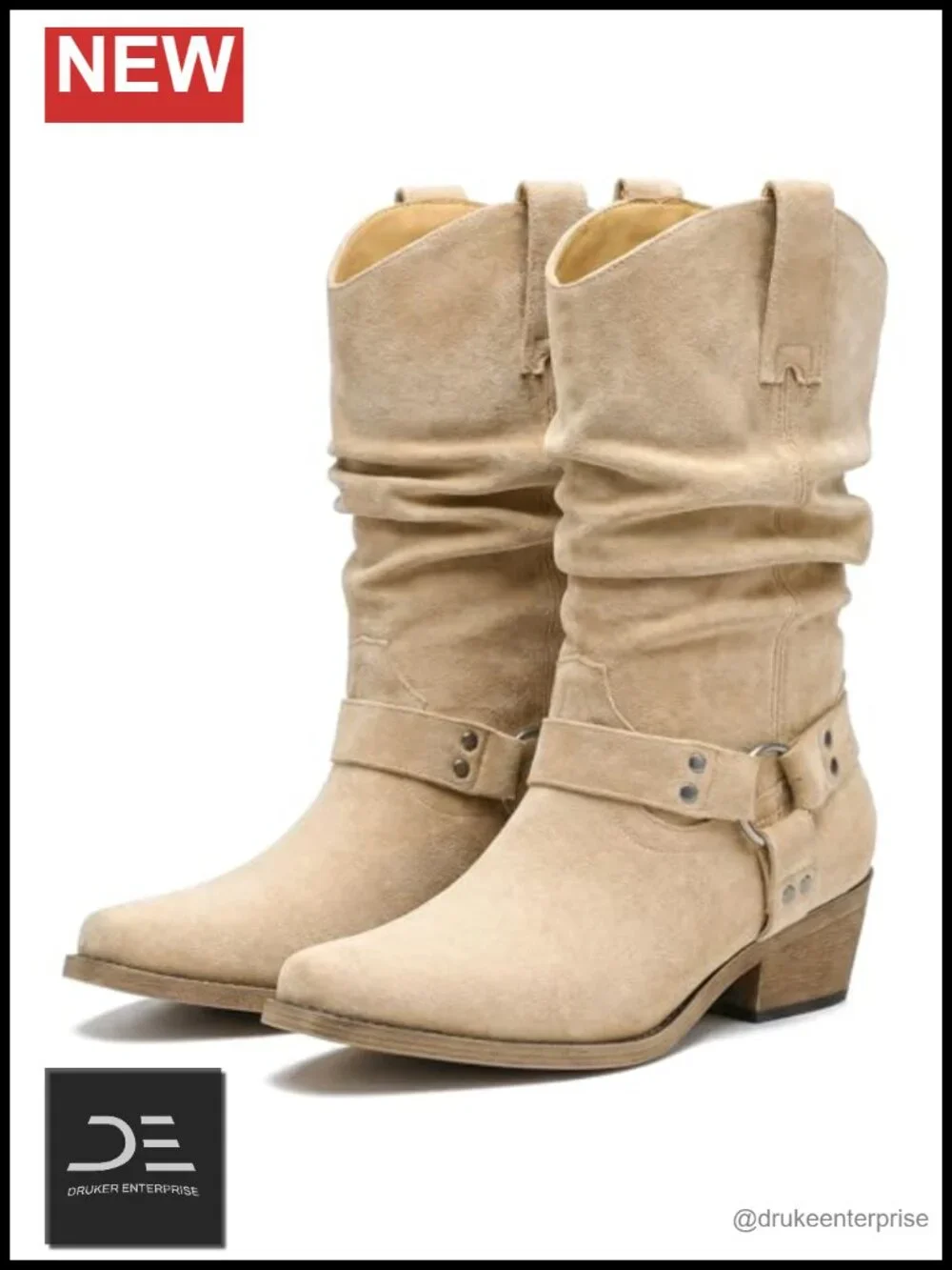 Faux Suede Mid Calf Slouchy Cowgirl Boots for Women Pointed Toe Pull-On